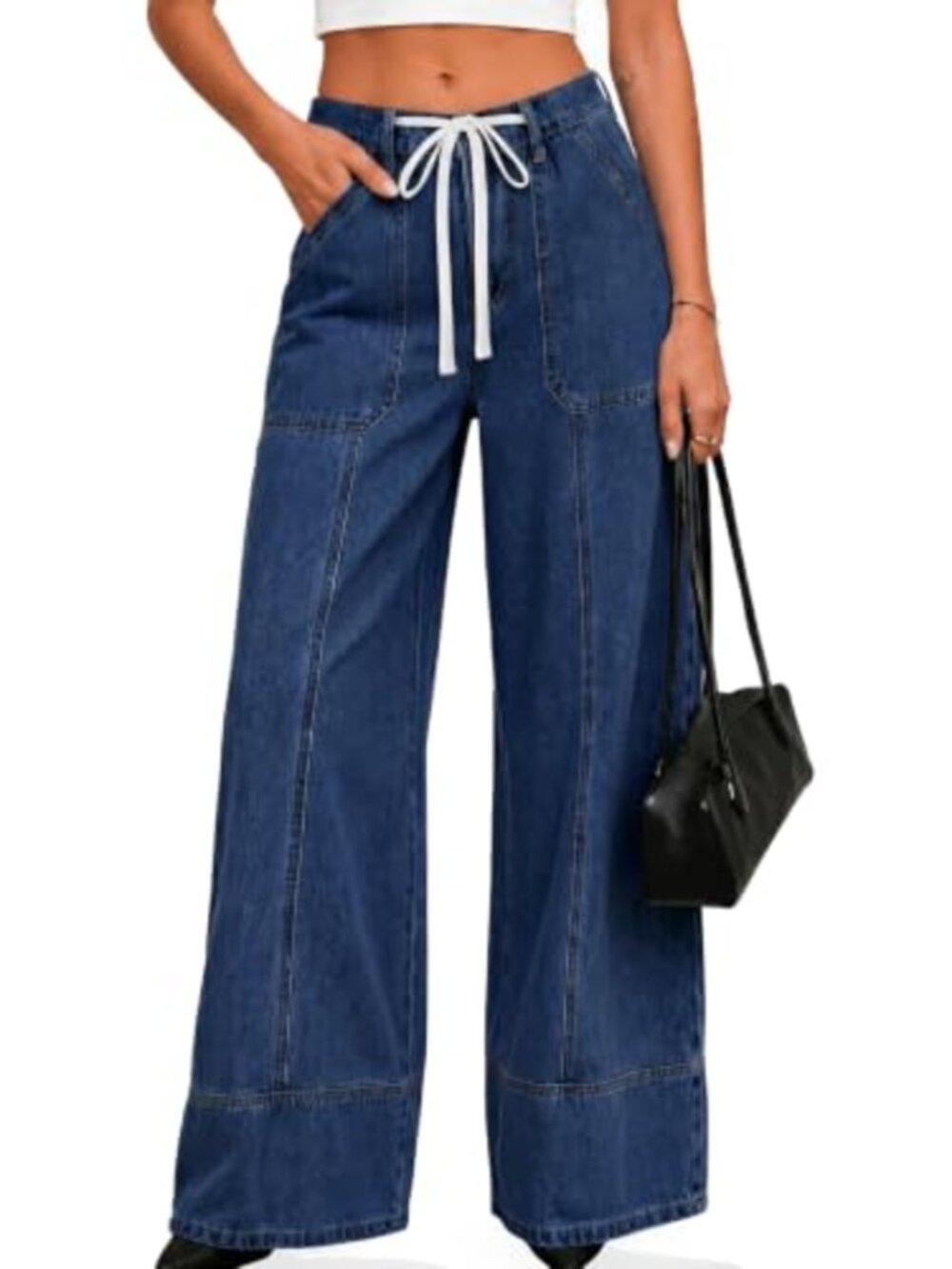 Women's Baggy Drawstring Wide Leg High Waisted Jeans